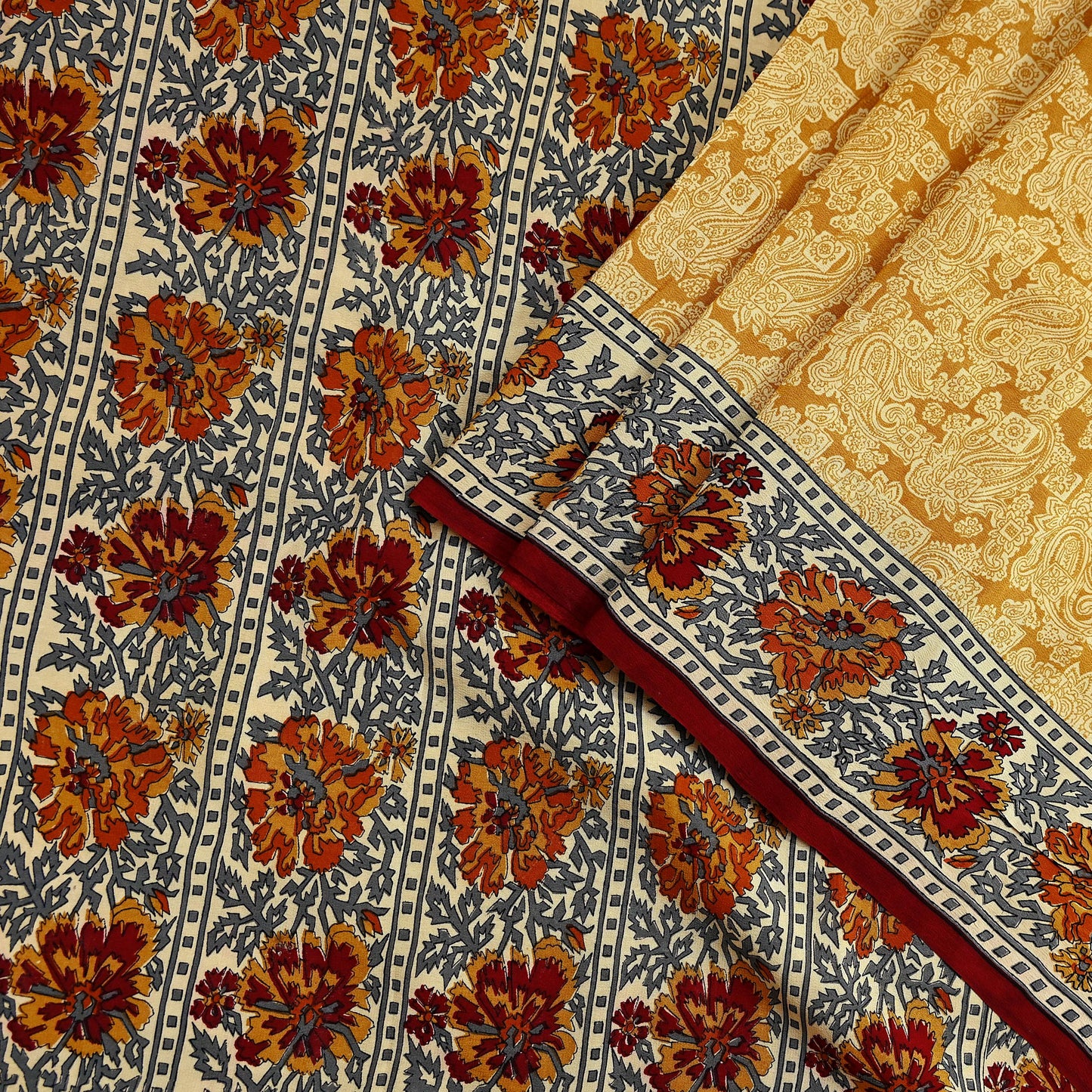 Indian Vintage Pure Crepe Silk Saree | Floral Print | 5 Yards | Soft Sewing Fabric for Dressmaking, Quilting, Crafting & Upcycling