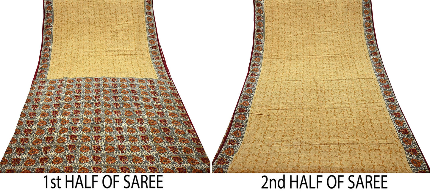 Indian Vintage Pure Crepe Silk Saree | Floral Print | 5 Yards | Soft Sewing Fabric for Dressmaking, Quilting, Crafting & Upcycling