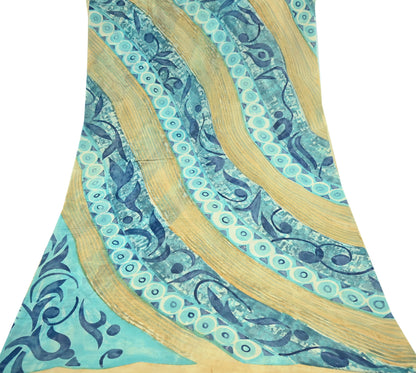 Women Vintage Sari Beige & Green 100% Pure Georgette Silk Block Printed Saree Craft Fabric Sewing 5Yd Soft Dress Making Quilting Upcycle