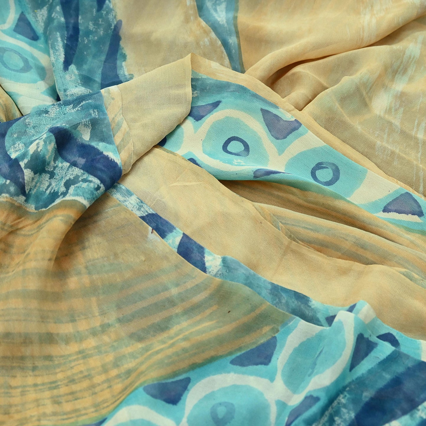 Women Vintage Sari Beige & Green 100% Pure Georgette Silk Block Printed Saree Craft Fabric Sewing 5Yd Soft Dress Making Quilting Upcycle