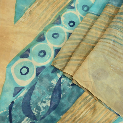 Women Vintage Sari Beige & Green 100% Pure Georgette Silk Block Printed Saree Craft Fabric Sewing 5Yd Soft Dress Making Quilting Upcycle