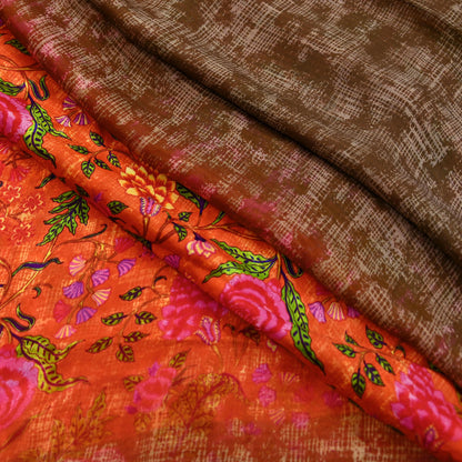 Indian Vintage Pure Silk Saree | Digital Printed Floral & Paisley Design | 5 Yards | Soft Craft Fabric for Dressmaking, Quilting,  Upcycling