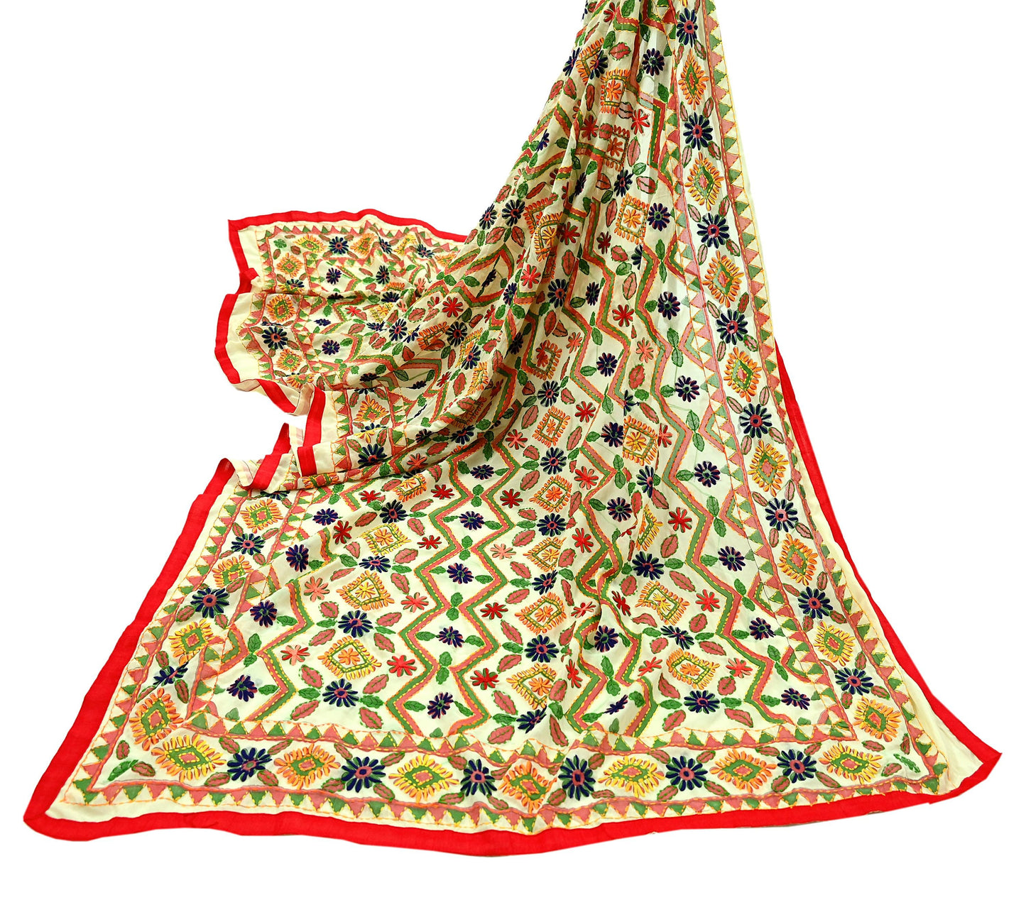 Indian Vintage Dupatta Ivory Long Stole Georgette Hand Embroidered Bagh Phulkari Stole Scarves Party wear