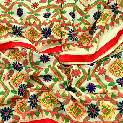 Indian Vintage Dupatta Ivory Long Stole Georgette Hand Embroidered Bagh Phulkari Stole Scarves Party wear