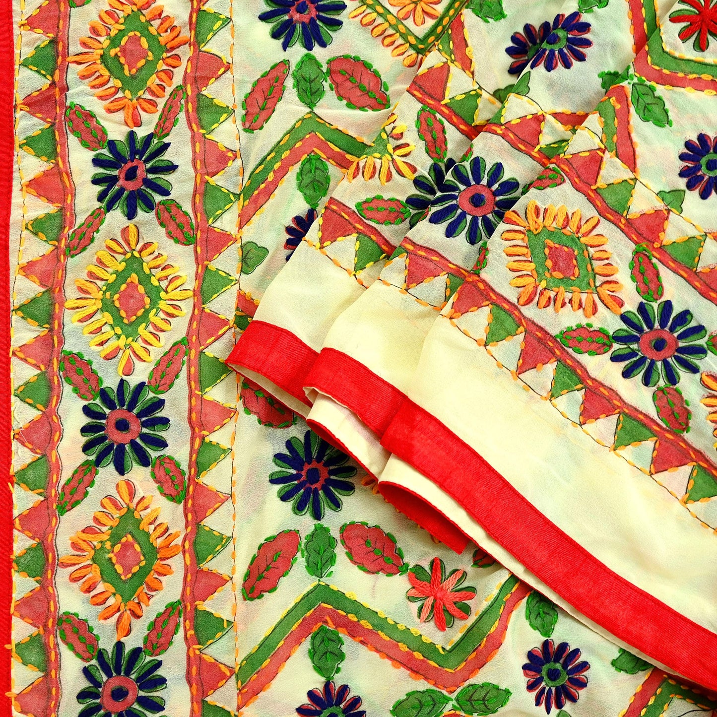 Indian Vintage Dupatta Ivory Long Stole Georgette Hand Embroidered Bagh Phulkari Stole Scarves Party wear