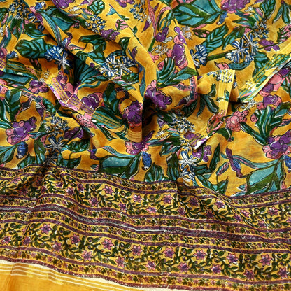 Indian Vintage Saffron Dupatta Long Stole Hand Block Print Pure Chanderi Silk Scarves Veil Golden Zari