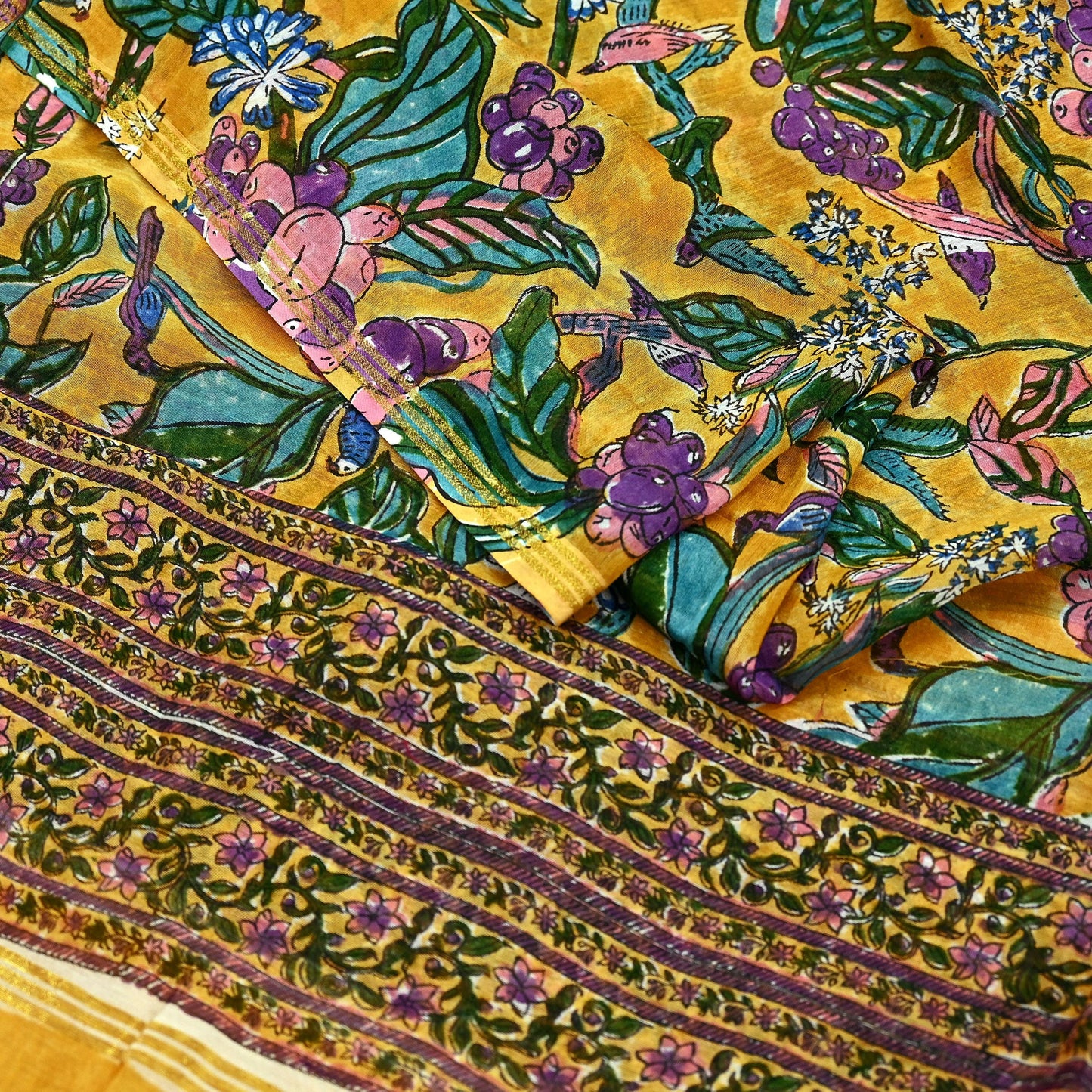 Indian Vintage Saffron Dupatta Long Stole Hand Block Print Pure Chanderi Silk Scarves Veil Golden Zari