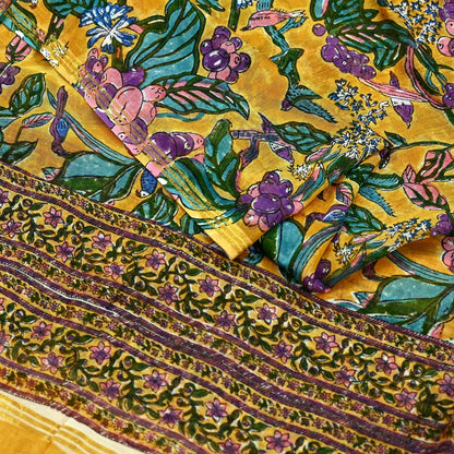 Indian Vintage Saffron Dupatta Long Stole Hand Block Print Pure Chanderi Silk Scarves Veil Golden Zari