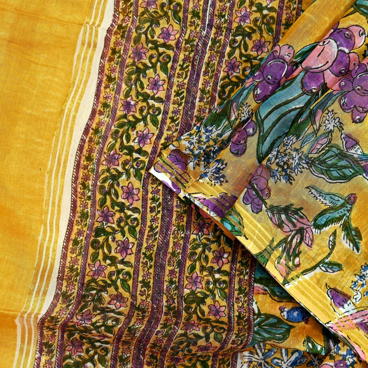 Indian Vintage Saffron Dupatta Long Stole Hand Block Print Pure Chanderi Silk Scarves Veil Golden Zari