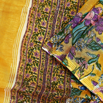 Indian Vintage Saffron Dupatta Long Stole Hand Block Print Pure Chanderi Silk Scarves Veil Golden Zari