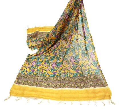 Indian Vintage Saffron Dupatta Long Stole Hand Block Print Pure Chanderi Silk Scarves Veil Golden Zari