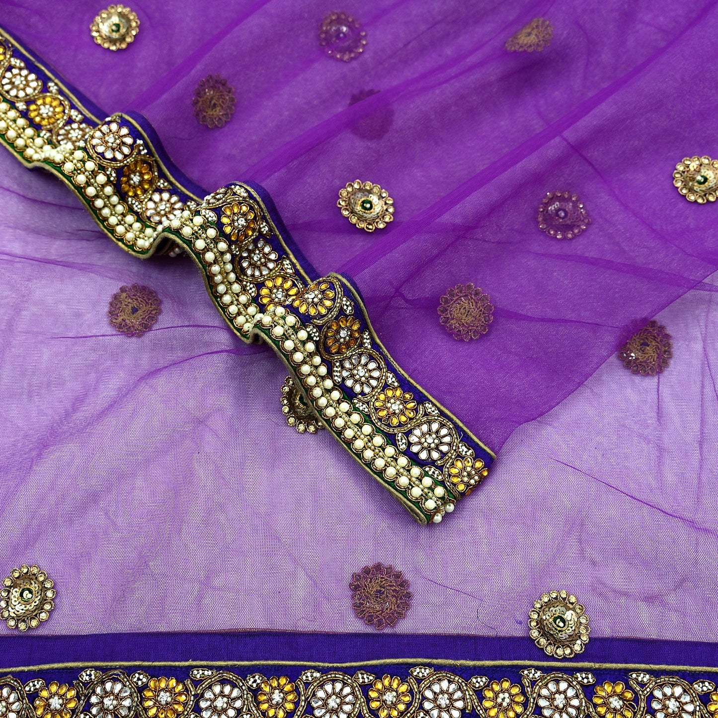 Indian Vintage Heavy Wedding Purple Dupatta Net Mesh Long Stole Hand Embroidered Scarves Golden Zardozi Dabka Zari Stole