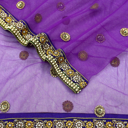 Indian Vintage Heavy Wedding Purple Dupatta Net Mesh Long Stole Hand Embroidered Scarves Golden Zardozi Dabka Zari Stole