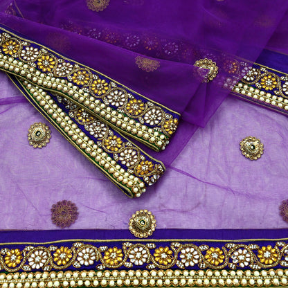 Indian Vintage Heavy Wedding Purple Dupatta Net Mesh Long Stole Hand Embroidered Scarves Golden Zardozi Dabka Zari Stole