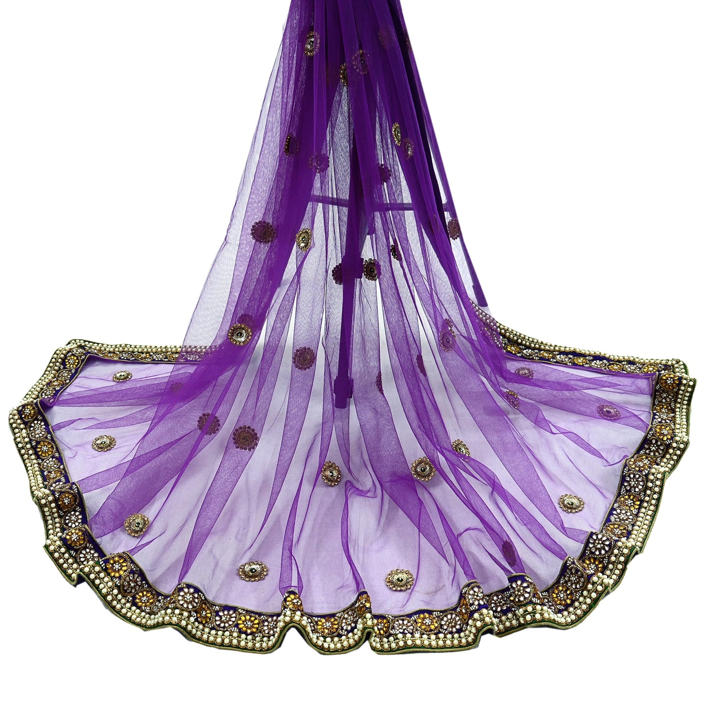 Indian Vintage Heavy Wedding Purple Dupatta Net Mesh Long Stole Hand Embroidered Scarves Golden Zardozi Dabka Zari Stole