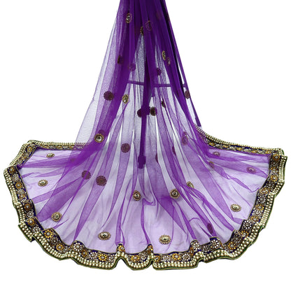 Indian Vintage Heavy Wedding Purple Dupatta Net Mesh Long Stole Hand Embroidered Scarves Golden Zardozi Dabka Zari Stole