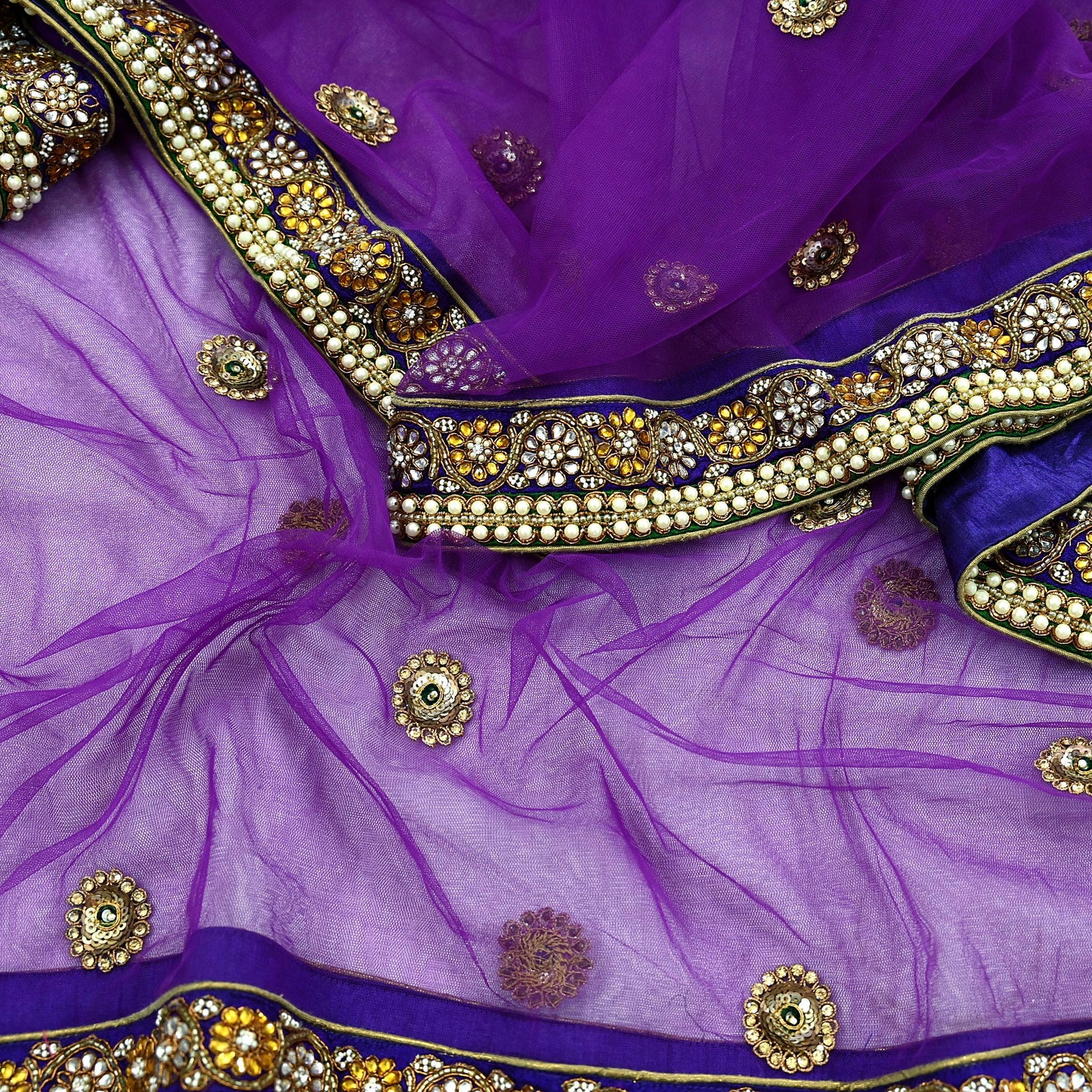 Indian Vintage Heavy Wedding Purple Dupatta Net Mesh Long Stole Hand Embroidered Scarves Golden Zardozi Dabka Zari Stole