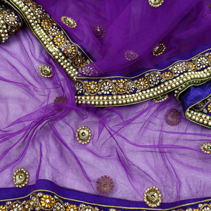 Indian Vintage Heavy Wedding Purple Dupatta Net Mesh Long Stole Hand Embroidered Scarves Golden Zardozi Dabka Zari Stole