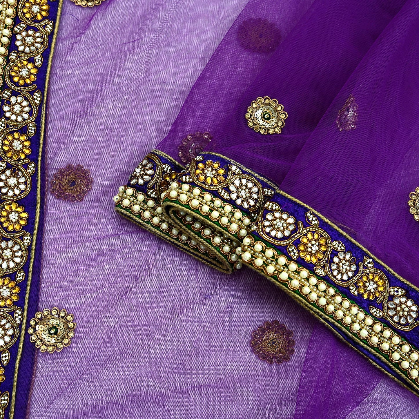 Indian Vintage Heavy Wedding Purple Dupatta Net Mesh Long Stole Hand Embroidered Scarves Golden Zardozi Dabka Zari Stole