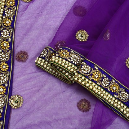 Indian Vintage Heavy Wedding Purple Dupatta Net Mesh Long Stole Hand Embroidered Scarves Golden Zardozi Dabka Zari Stole