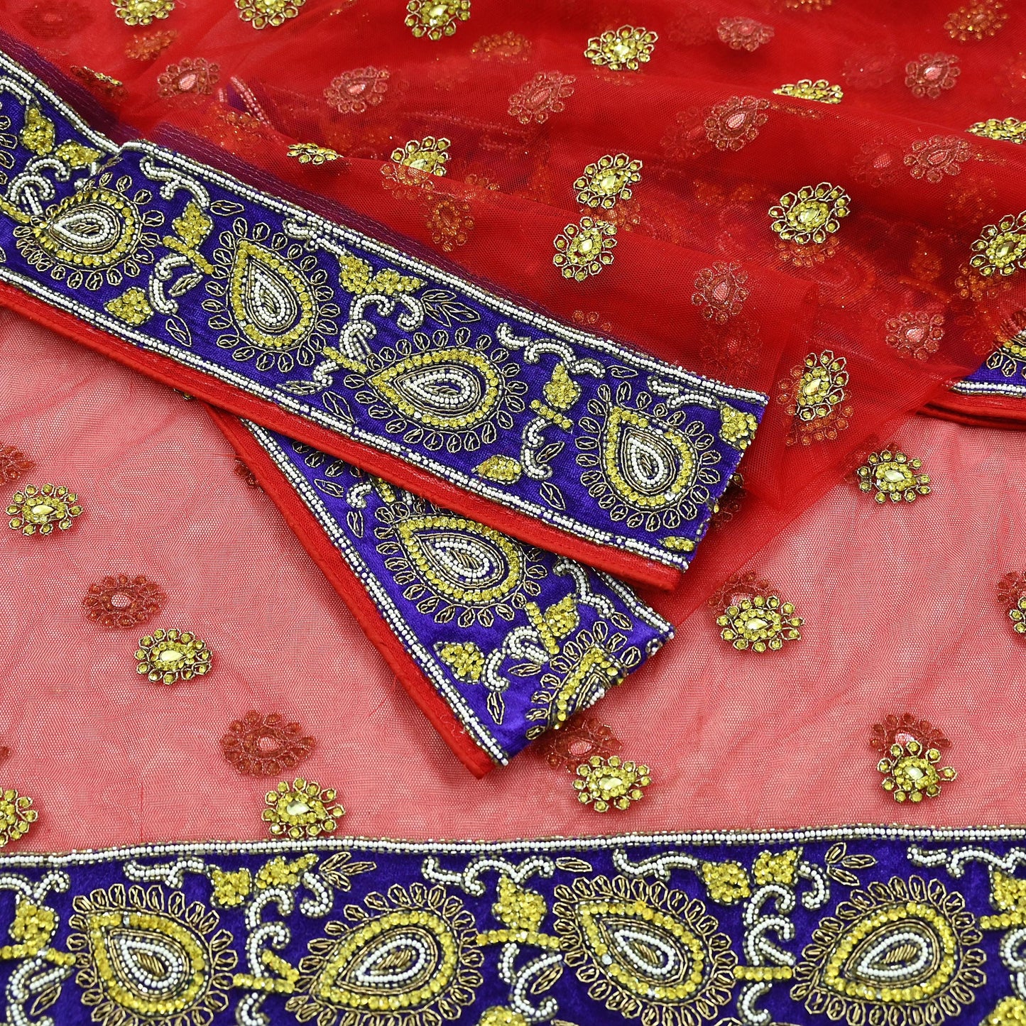 Indian Vintage Heavy Bridal Red Dupatta Net Mesh Long Stole Hand Embroidered Scarves Golden Zardozi Dabka Zari Sequins Wedding Veil Hijab