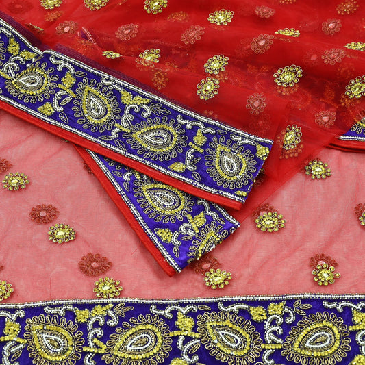Indian Vintage Heavy Bridal Red Dupatta Net Mesh Long Stole Hand Embroidered Scarves Golden Zardozi Dabka Zari Sequins Wedding Veil Hijab