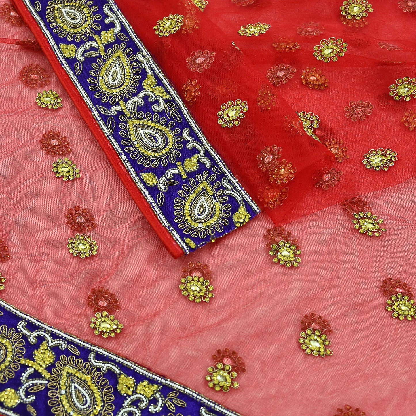 Indian Vintage Heavy Bridal Red Dupatta Net Mesh Long Stole Hand Embroidered Scarves Golden Zardozi Dabka Zari Sequins Wedding Veil Hijab