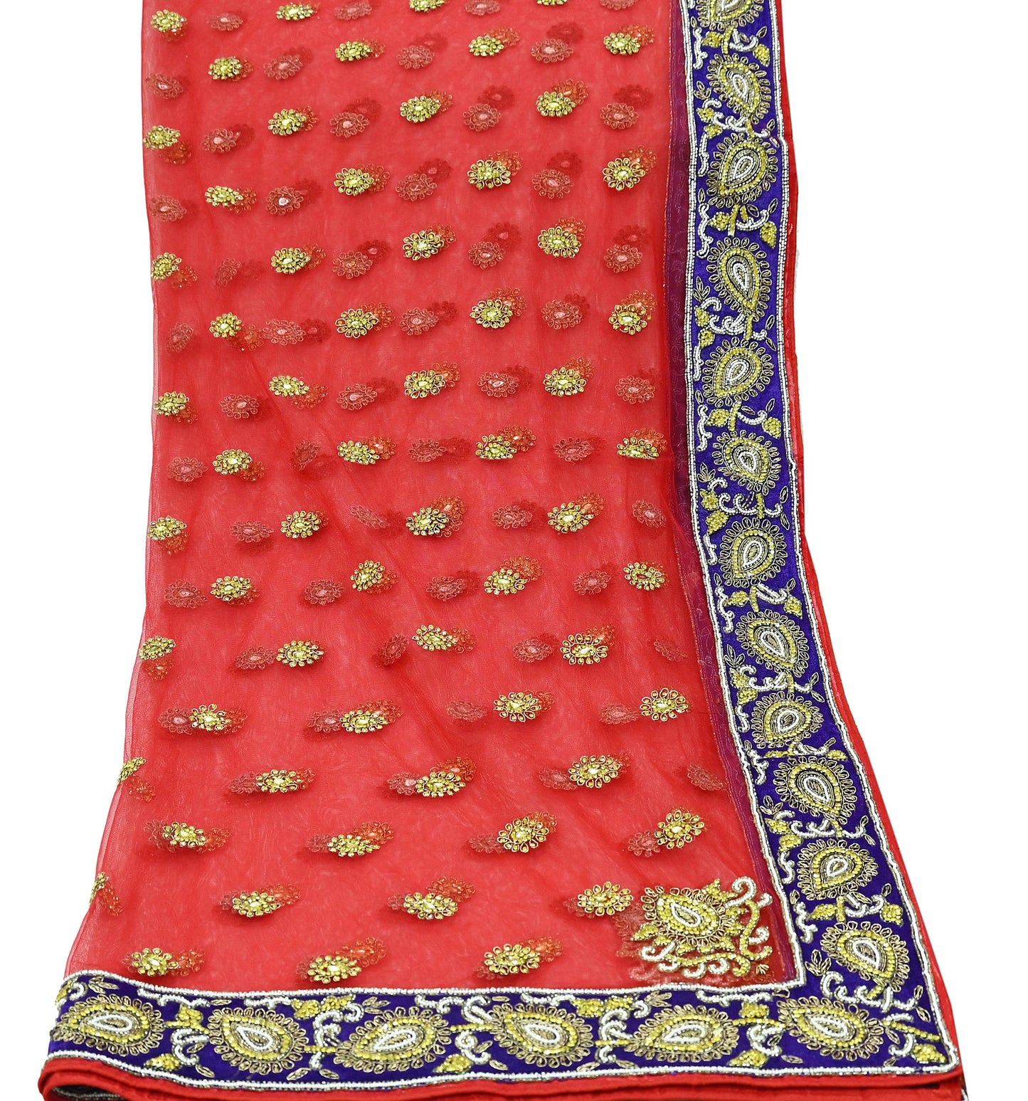 Indian Vintage Heavy Bridal Red Dupatta Net Mesh Long Stole Hand Embroidered Scarves Golden Zardozi Dabka Zari Sequins Wedding Veil Hijab