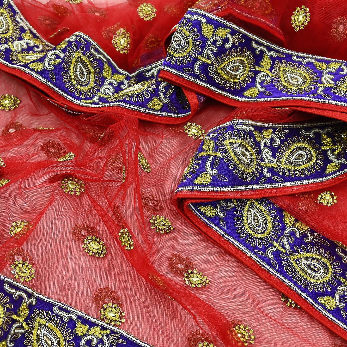 Indian Vintage Heavy Bridal Red Dupatta Net Mesh Long Stole Hand Embroidered Scarves Golden Zardozi Dabka Zari Sequins Wedding Veil Hijab