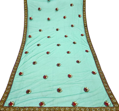 Indian Vintage Heavy Bridal Green Net Dupatta | Hand Embroidered Zardozi Zari Sequins Stole | Floral Design Hijab Veil | Wedding/Party Wear