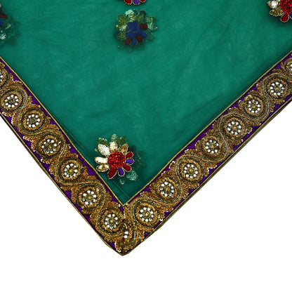 Indian Vintage Heavy Bridal Green Net Dupatta | Hand Embroidered Zardozi Zari Sequins Stole | Floral Design Hijab Veil | Wedding/Party Wear