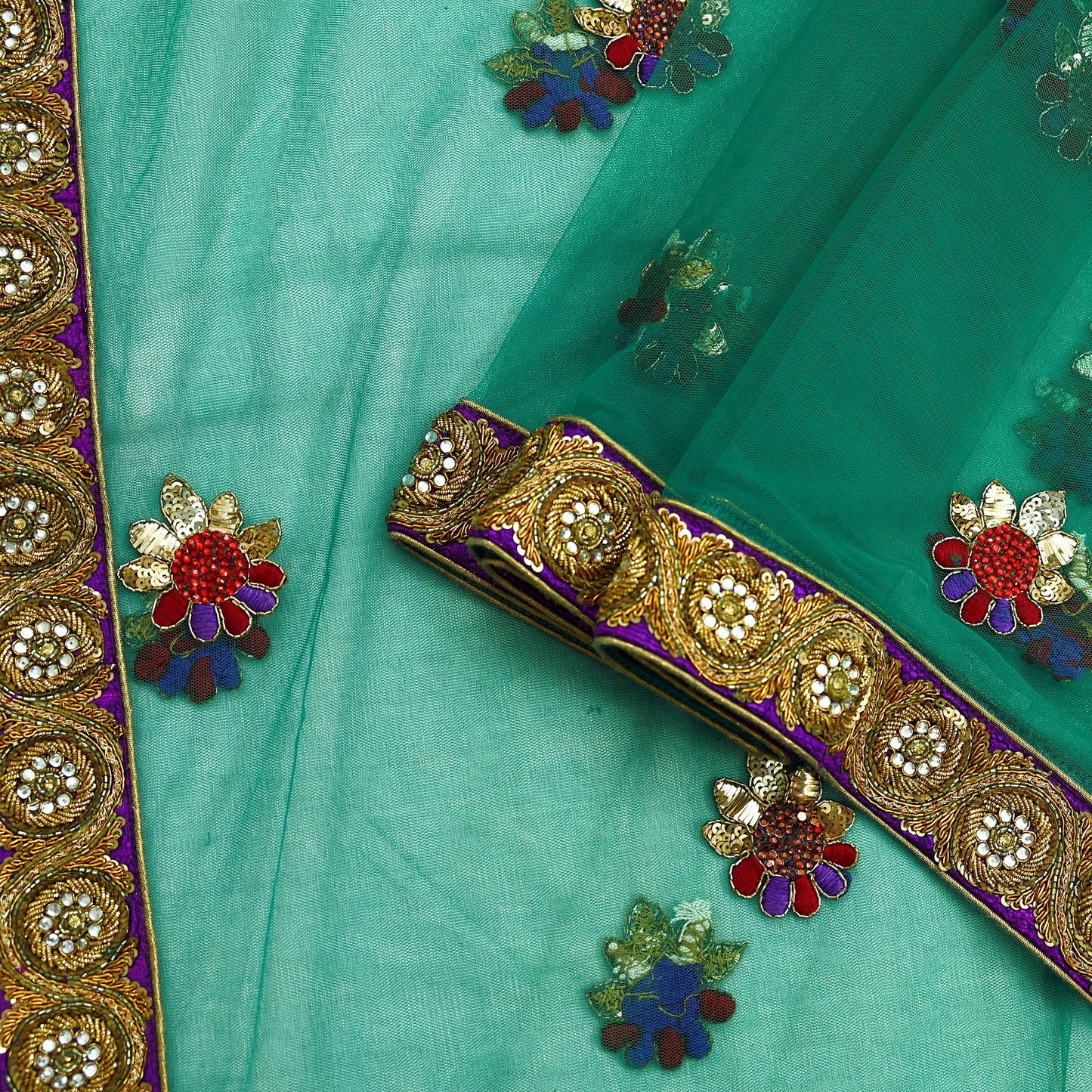 Indian Vintage Heavy Bridal Green Net Dupatta | Hand Embroidered Zardozi Zari Sequins Stole | Floral Design Hijab Veil | Wedding/Party Wear