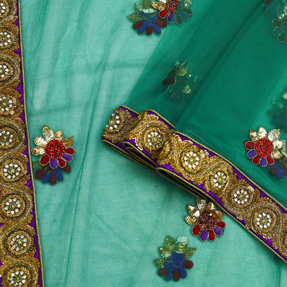 Indian Vintage Heavy Bridal Green Net Dupatta | Hand Embroidered Zardozi Zari Sequins Stole | Floral Design Hijab Veil | Wedding/Party Wear