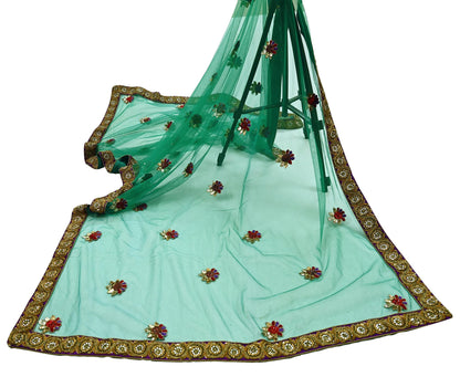 Indian Vintage Heavy Bridal Green Net Dupatta | Hand Embroidered Zardozi Zari Sequins Stole | Floral Design Hijab Veil | Wedding/Party Wear