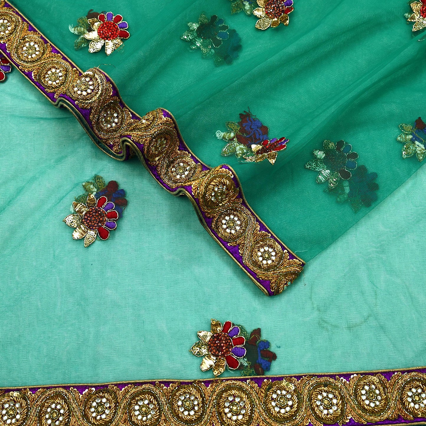 Indian Vintage Heavy Bridal Green Net Dupatta | Hand Embroidered Zardozi Zari Sequins Stole | Floral Design Hijab Veil | Wedding/Party Wear