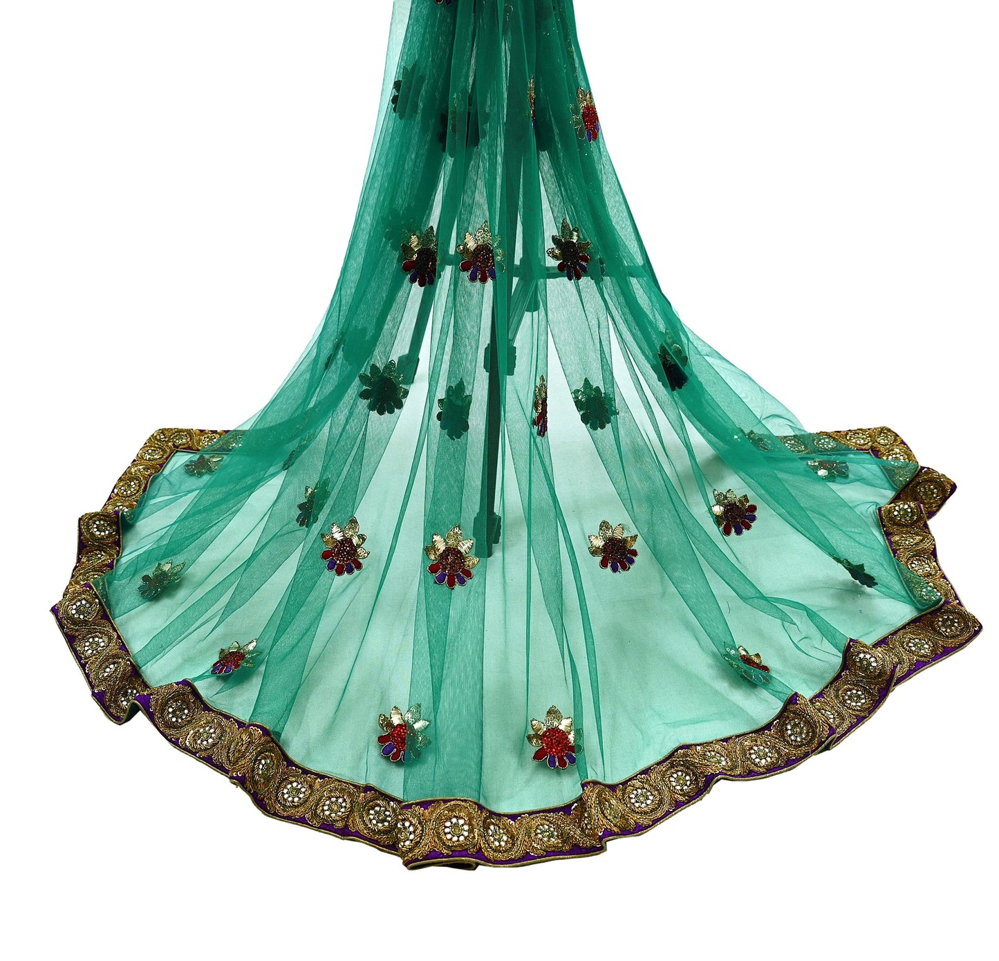 Indian Vintage Heavy Bridal Green Net Dupatta | Hand Embroidered Zardozi Zari Sequins Stole | Floral Design Hijab Veil | Wedding/Party Wear