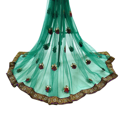 Indian Vintage Heavy Bridal Green Net Dupatta | Hand Embroidered Zardozi Zari Sequins Stole | Floral Design Hijab Veil | Wedding/Party Wear