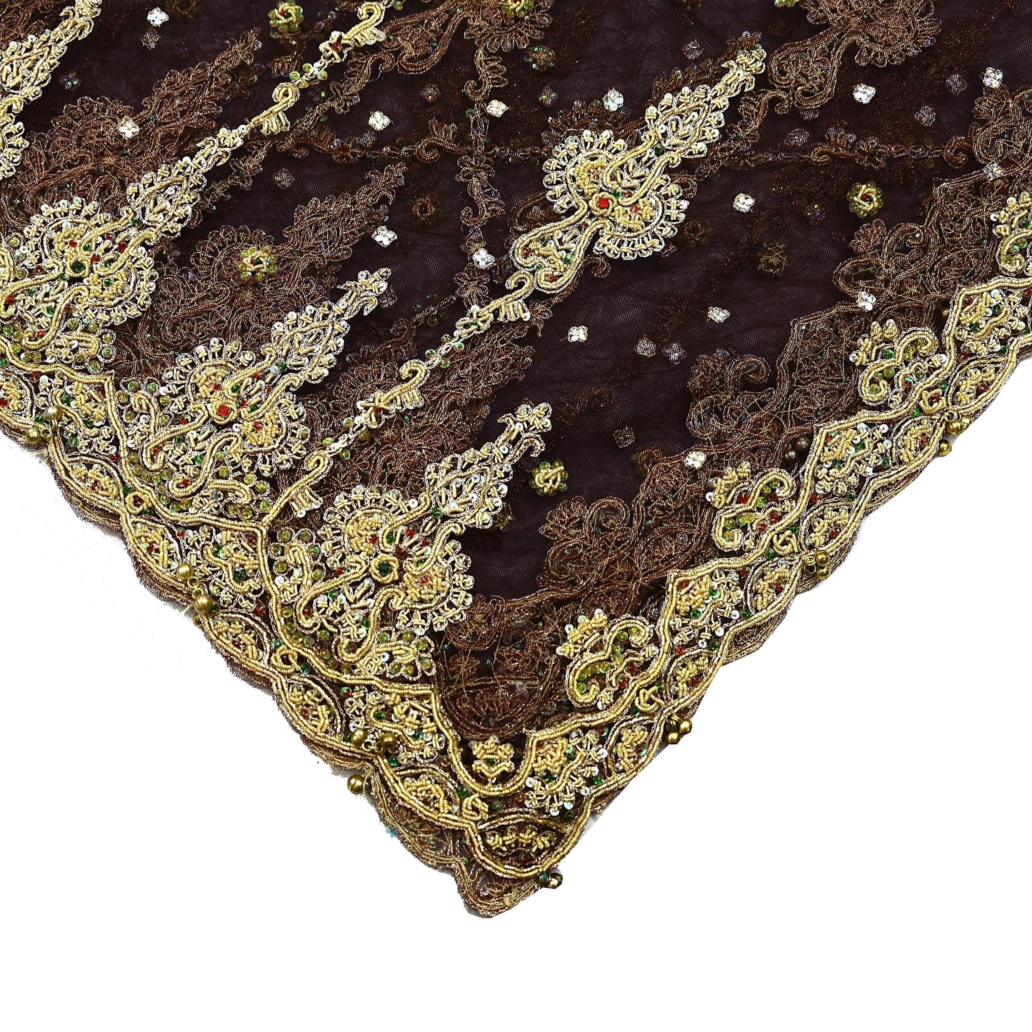 Indian Vintage Heavy Brown Dupatta Net Mesh Long Stole Hand Embroidered Scarf Zardozi Zari Sequins Stole Bridal Veil