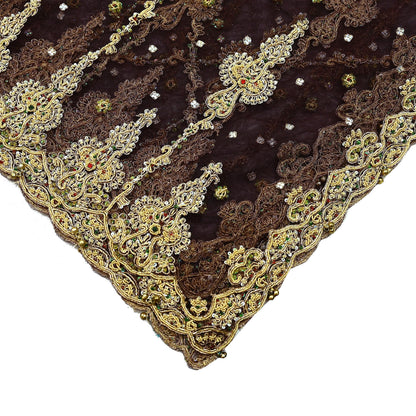 Indian Vintage Heavy Brown Dupatta Net Mesh Long Stole Hand Embroidered Scarf Zardozi Zari Sequins Stole Bridal Veil