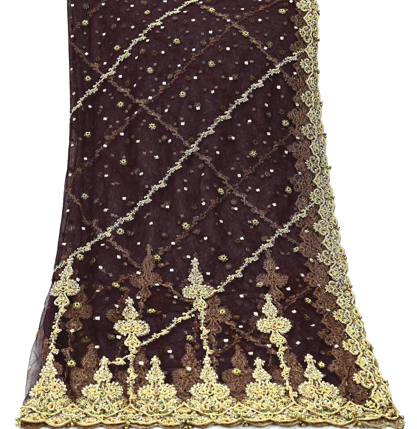 Indian Vintage Heavy Brown Dupatta Net Mesh Long Stole Hand Embroidered Scarf Zardozi Zari Sequins Stole Bridal Veil
