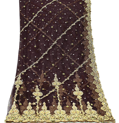 Indian Vintage Heavy Brown Dupatta Net Mesh Long Stole Hand Embroidered Scarf Zardozi Zari Sequins Stole Bridal Veil