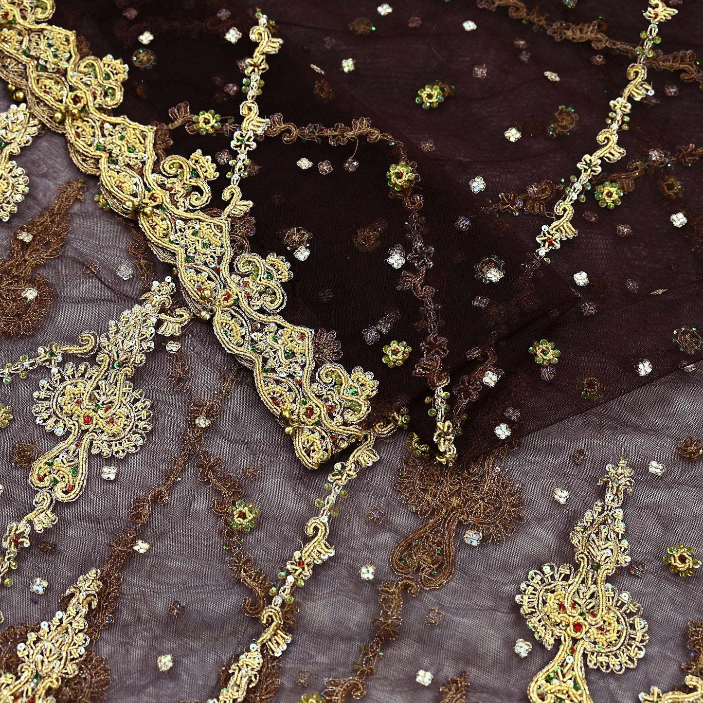 Indian Vintage Heavy Brown Dupatta Net Mesh Long Stole Hand Embroidered Scarf Zardozi Zari Sequins Stole Bridal Veil