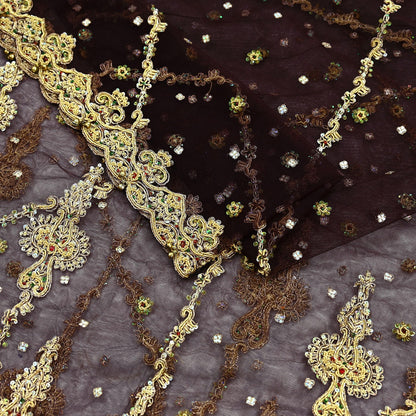 Indian Vintage Heavy Brown Dupatta Net Mesh Long Stole Hand Embroidered Scarf Zardozi Zari Sequins Stole Bridal Veil