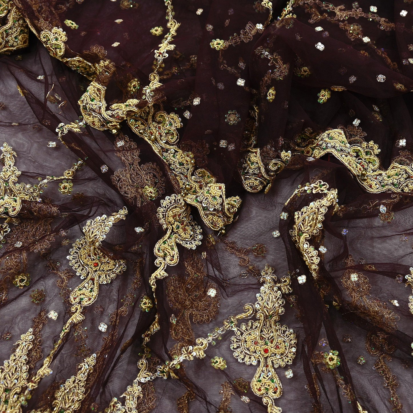 Indian Vintage Heavy Brown Dupatta Net Mesh Long Stole Hand Embroidered Scarf Zardozi Zari Sequins Stole Bridal Veil