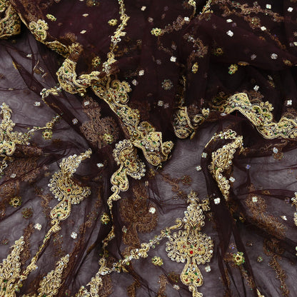 Indian Vintage Heavy Brown Dupatta Net Mesh Long Stole Hand Embroidered Scarf Zardozi Zari Sequins Stole Bridal Veil