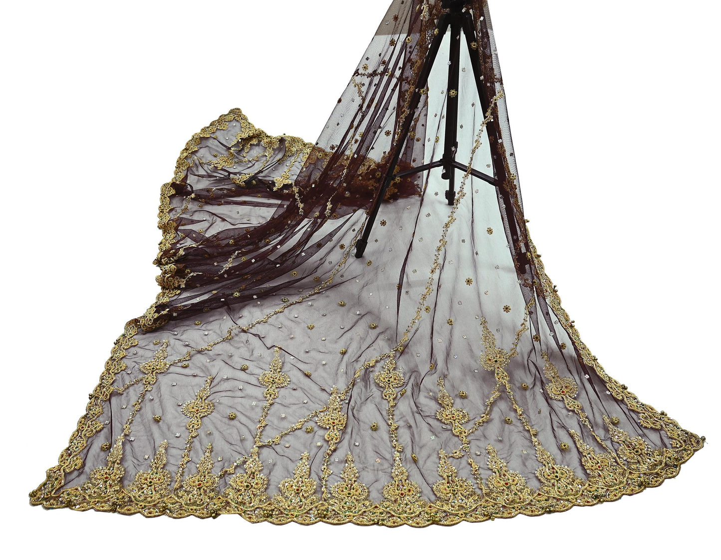 Indian Vintage Heavy Brown Dupatta Net Mesh Long Stole Hand Embroidered Scarf Zardozi Zari Sequins Stole Bridal Veil