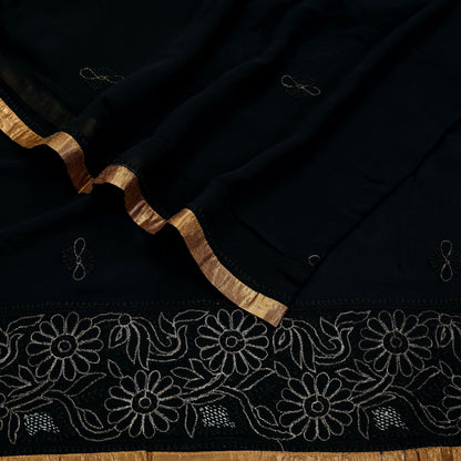 Indian Vintage Heavy Black Dupatta Pure Georgette silk Long Stole Hand Embroidered Chikankari Mukesh Stole Scarf Scarves