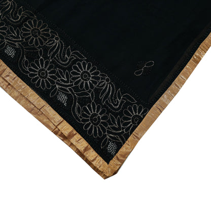 Indian Vintage Heavy Black Dupatta Pure Georgette silk Long Stole Hand Embroidered Chikankari Mukesh Stole Scarf Scarves