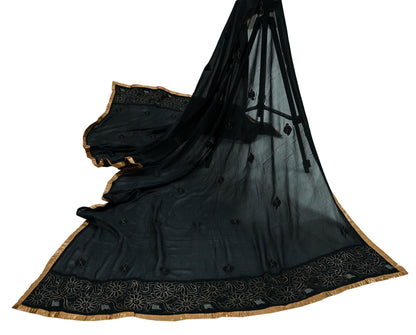 Indian Vintage Heavy Black Dupatta Pure Georgette silk Long Stole Hand Embroidered Chikankari Mukesh Stole Scarf Scarves