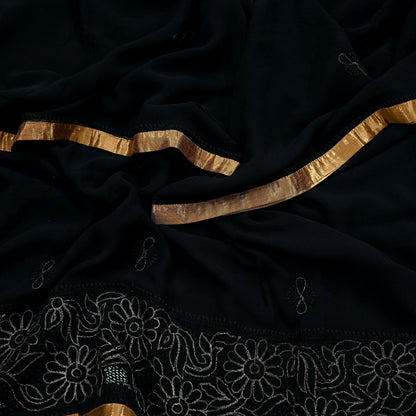 Indian Vintage Heavy Black Dupatta Pure Georgette silk Long Stole Hand Embroidered Chikankari Mukesh Stole Scarf Scarves